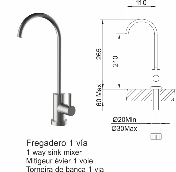 Grifo 1 vía para equipos de Osmosis o Ultrafiltración ·