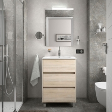 Conjunto Completo Baño Salgar ARENYS 600 | 85104 - Roble Caledonia - mueble + lavabo porcelana + espejo y aplique LED