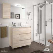 Conjunto Completo Baño Salgar ARENYS 855 | 85132 - Roble Caledonia puerta izquierda - mueble + lavabo porcelana + espejo y aplique LED
