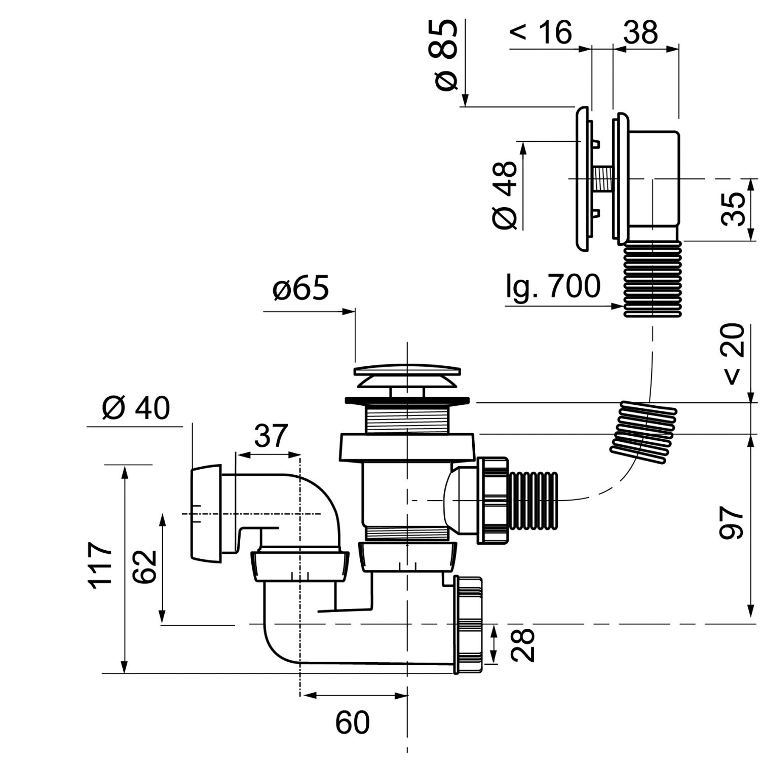 WIRQUIN Desagüe Bañera con Tapón y Cadena y Sifón Orientable