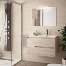 Conjunto Completo Baño Salgar NOJA 855 | 85060 - Roble Caledonia puerta izquierda - mueble + lavabo porcelana + espejo y aplique LED