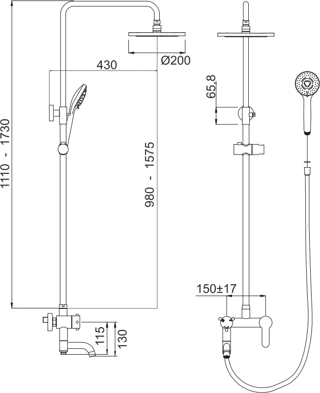 Monomando bano/ducha columna telescopica rociador 200x200mm ORD02368C