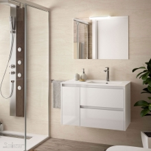 Conjunto Completo Baño Salgar NOJA 855 | 85058 - Blanco Brilo puerta izquierda - mueble + lavabo porcelana + espejo y aplique LED
