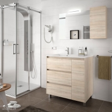 Conjunto Completo Baño Salgar ARENYS 855 | 85123 - Roble Caledonia - puerta a derecha - mueble + lavabo porcelana + espejo y aplique LED